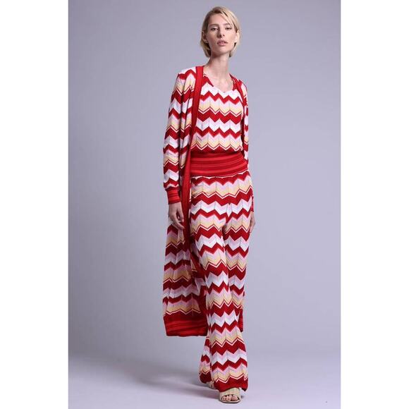 Minnie Rose Chevron Pointelle Pant in Red Multi Combo S - Picture 2 of 2